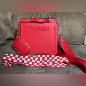 Steve Madden Bold Red Crossbody Bag with Checkered Strap